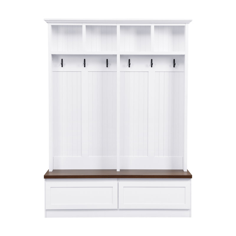 Farmhouse 4-In-1 Hall Tree With Wood Grain Bench, Mudroom Versatile Coat Rack With 2 Large Drawer, Entrance Organizer For Hallway, Living Room, White, 55.9"W
