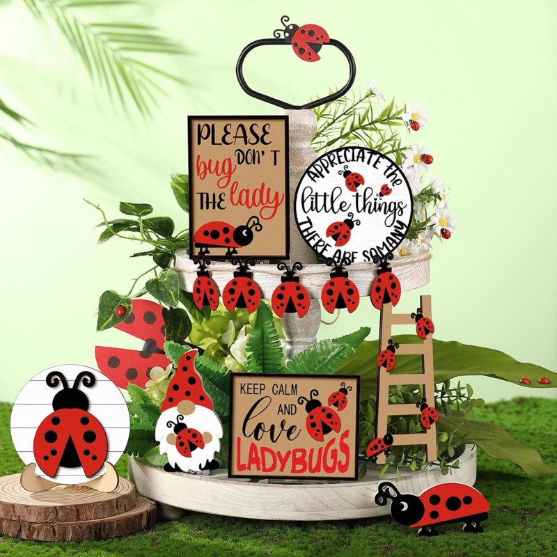 Camarata 12 pièces rouge coccinelle plateau décoré ensemble de décoration printemps été panneau de bois rustique décor de maison de campagne coccinelle plateaux décoratifs plateaux de signes pour la maison décorations de cuisine (coccinelle)