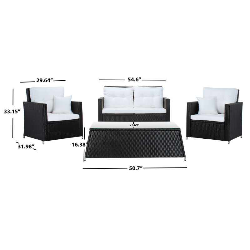 Ensemble de conversation avec canapé en rotin 4 pièces Lorma, Cadre noir / coussin blanc