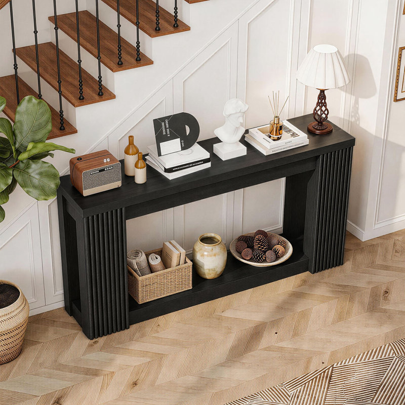 Console cannelée en bois avec 2 rangements, table d'entrée rectangulaire de 71 pouces derrière le canapé, Noir