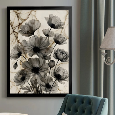 Modern Abstract Black poppies bloom against a marble backdrop, Ethereal ink wash painting style. 24" x 36" Framed Canvas Wall Art in Black Wood Frame