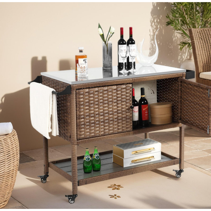Outdoor Wicker Bar Cart W/Wheels,Patio Kitchen Island Bar Table,Wine Serving Cart