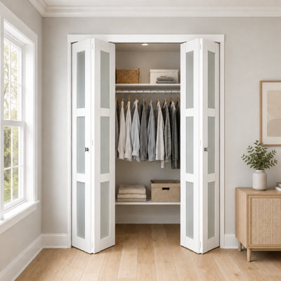 Flexible Sliding Folding Closet Door, White Frosted Glass 4-Panel Door System with Full Fold-Back Opening and Dual Track Hardware
