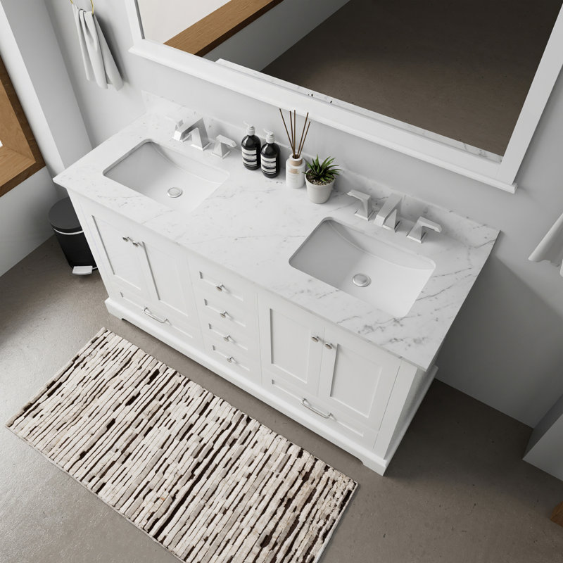 Meuble-lavabo blanc 60 po X P 22 po D, dessus en marbre de Carrare, ensemble de robinet et Miroir