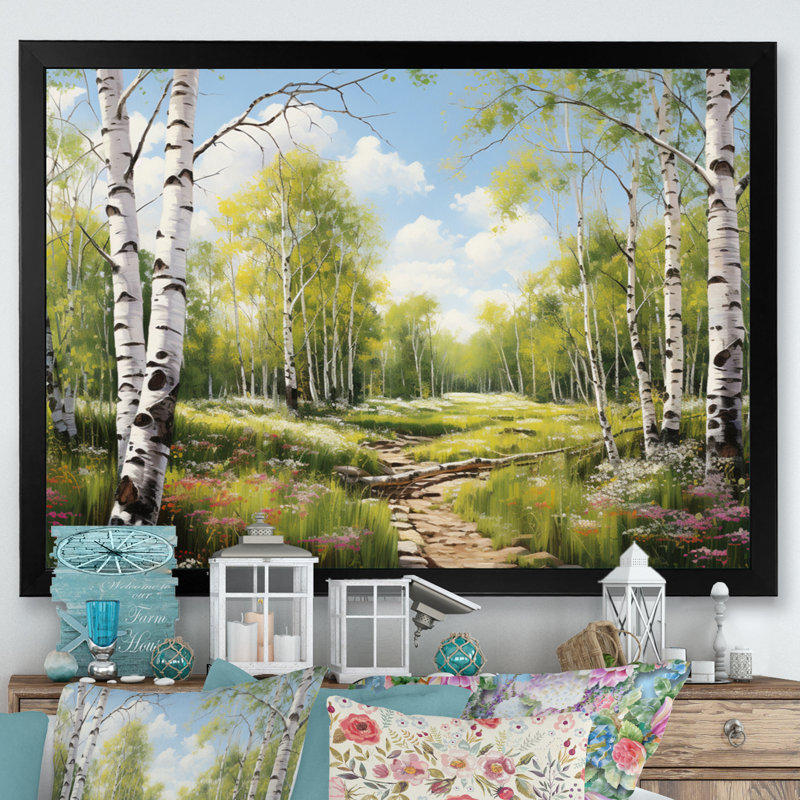 «Birch Woods Spring Awakening III», art mural sur toile de bouleau, H 34 po x l 44 po x P 1,5 po, Cadre photo noir