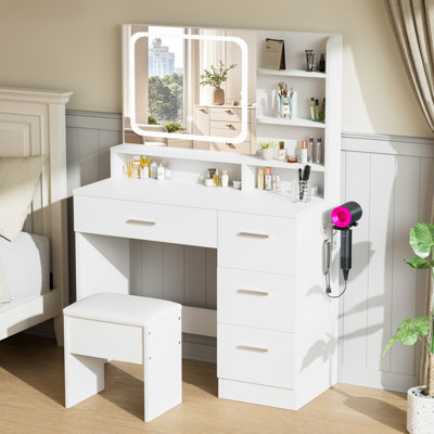 Ensemble coiffeuse en bois blanc à 4 tiroirs avec miroir DEL, tabouret et étagères de rangement à 3 niveaux