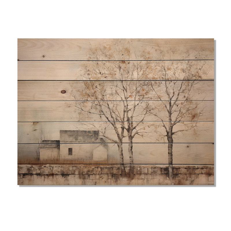 «Trees Farmhouse Still Life - Trees Wood», art mural sur bois de pin naturel, H 30 po x l 40 po