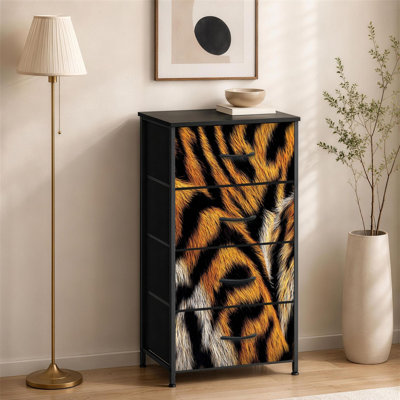 Commode à 4 tiroirs pour chambre à coucher avec rayures de tigre et safari texturé en fourrure d'animal orange noir Petite grande commode pour vêtements