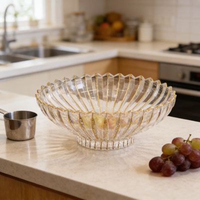 Hand-Painted Gold Decorative Bowl - Elegant Fruit Bowl For Kitchen Table Centerpiece, Home Decor, Flower Shape Design, Durable Lead-Free Glass