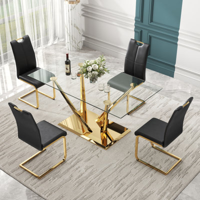 Rectangle Tempered Glass Pedestal Dining Set