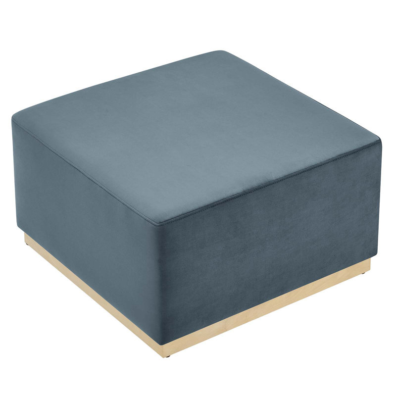 Cadet Blue Velvet Upholstered Square Ottoman with Rubberwood Base