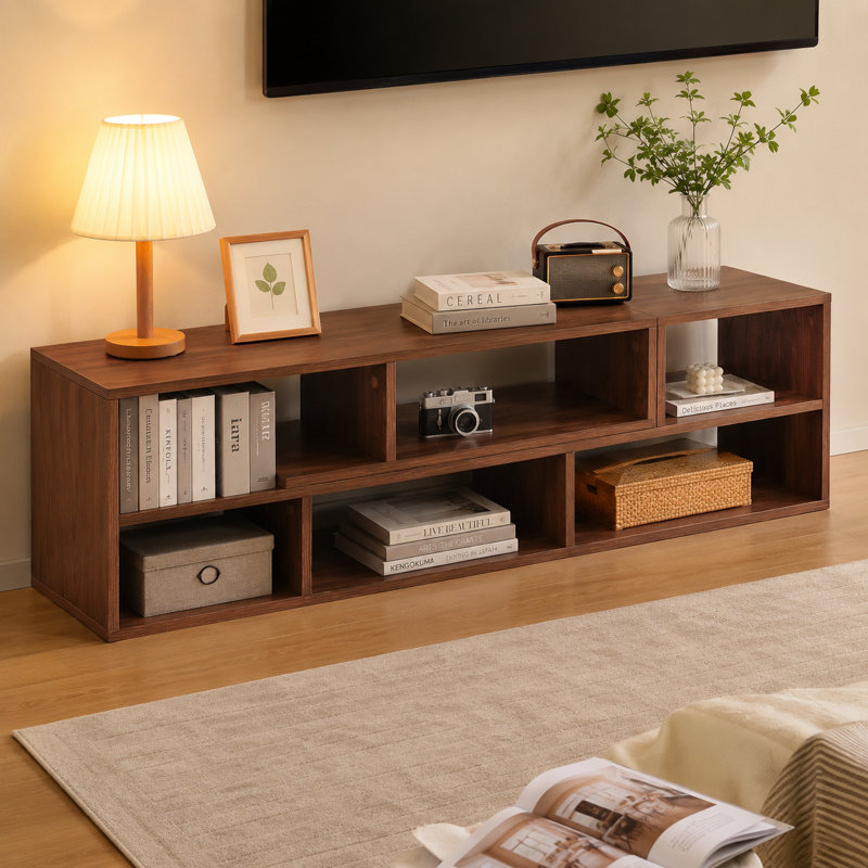 Meuble télé modulaire de couleur noyer foncé, avec rangement ouvert réglable, convenant aux salons, aux chambres et aux appartements.