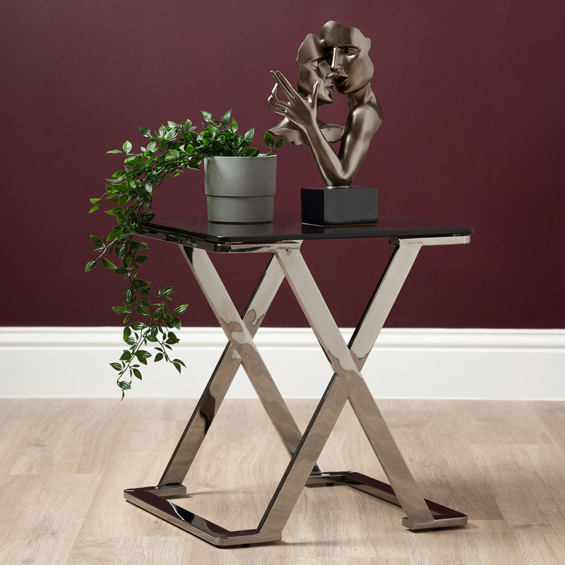 Ayodele 55cm End Table for Living Room Furniture, Modern Sofa Side Table with Glass Top, Silver, Black