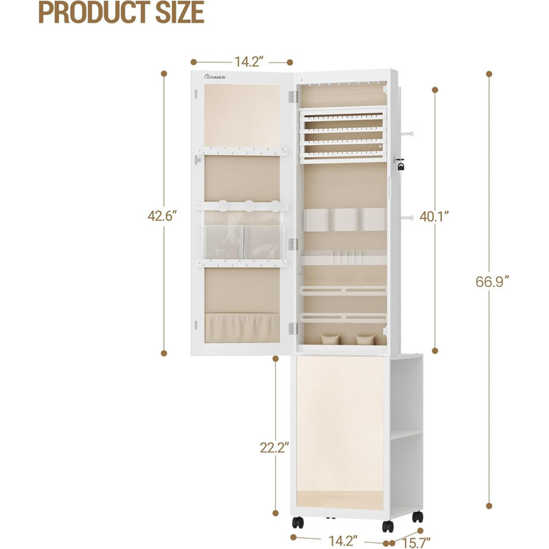 Armoire à bijoux avec 8 lumières à DEL, organisateur de bijoux de 66,9 pouces avec support à vêtements, miroir pleine longueur verrouillable