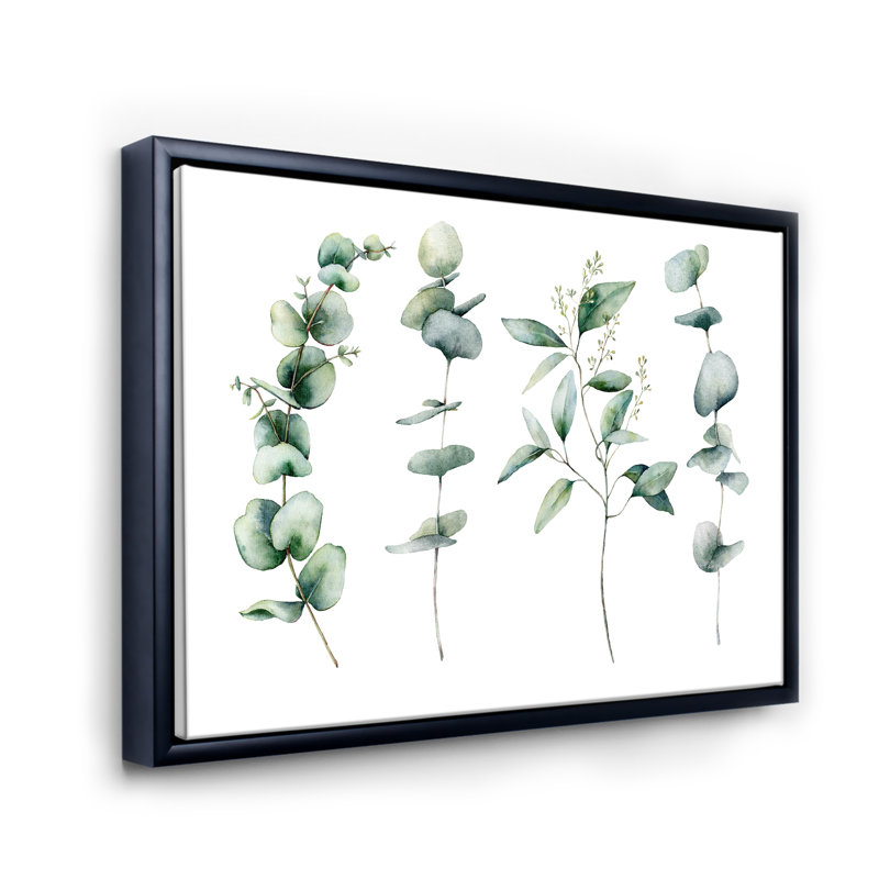 Green Eucalyptus Branches I - peinture sur toile, H 24 po x l 32 po x P 1 po, Cadre flottant noir