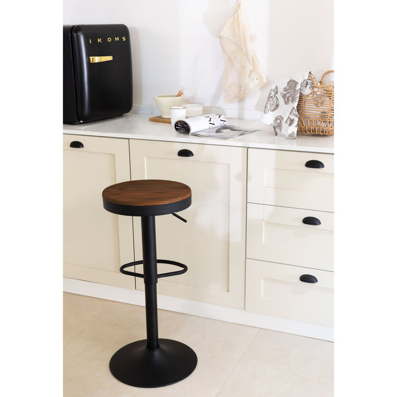 Swivel Wood Seat Bar Stools Adjustable-Height Backless Counter Stool With Metal Frame, Walnut Seat / Black Frame
