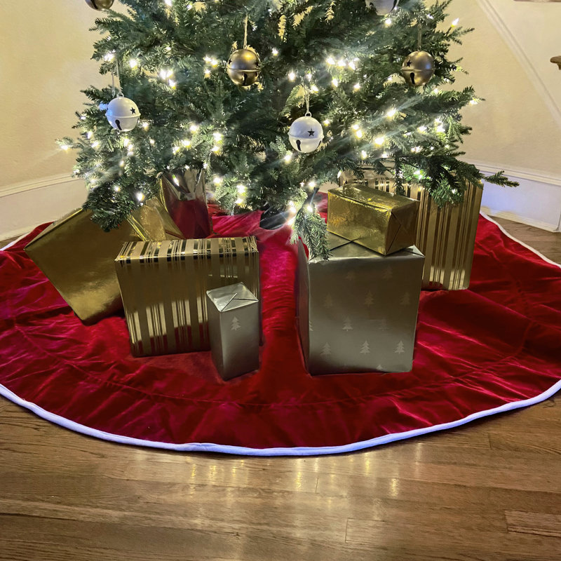 Extra Large Dark Red Velvet Convertible Tree Skirt with Pom Poms