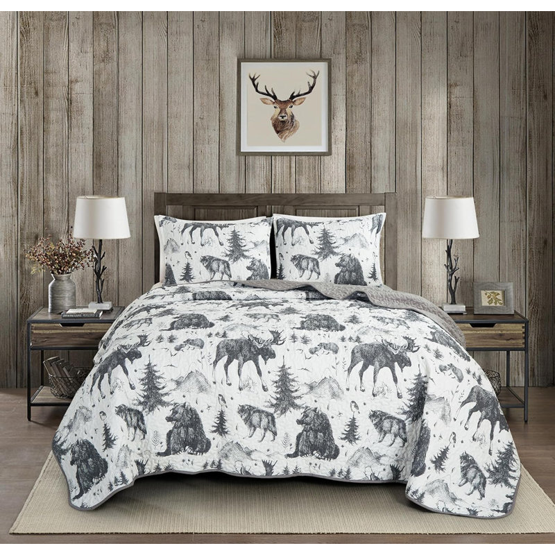 Denver Grizzly Bear Wolves Moose Lodge Quilt Set , Full Quilt + 2 Standard Shams