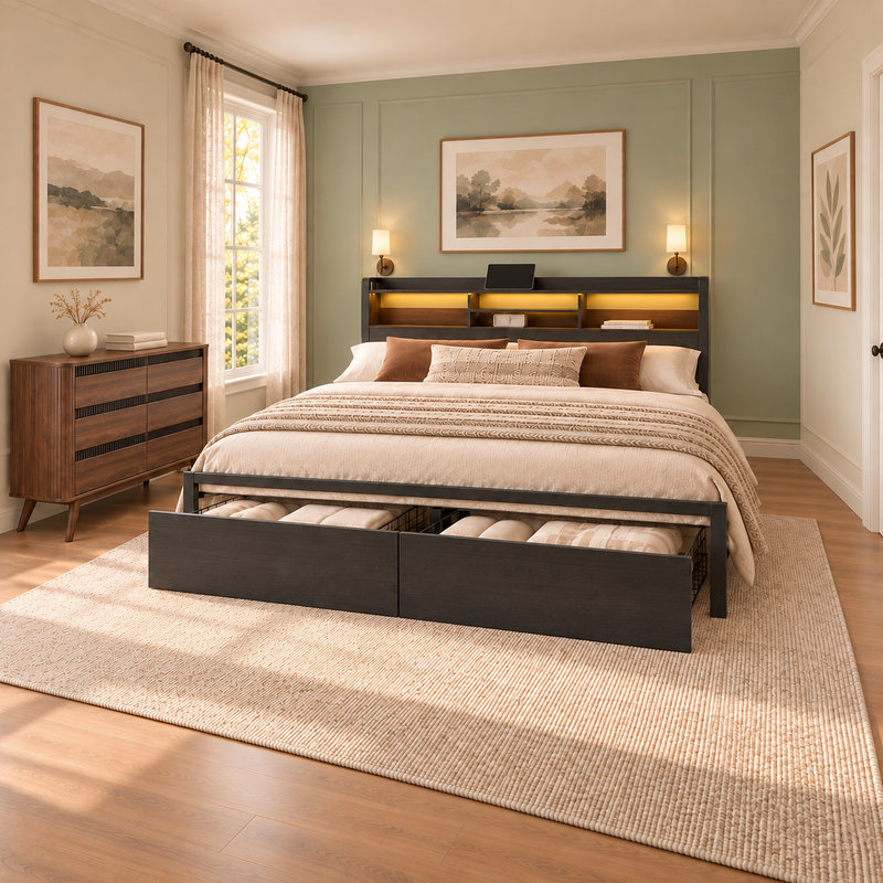 Ensemble de chambre à coucher 2 pièces comprenant un lit plateforme de rangement pleine grandeur et une commode à 6 tiroirs, une tête de lit à DEL, une station de recharge et des tiroirs sous le lit.