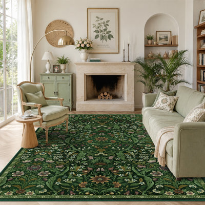 Washable Area Rug - Vintage Boho Botanical Low-Pile Rug