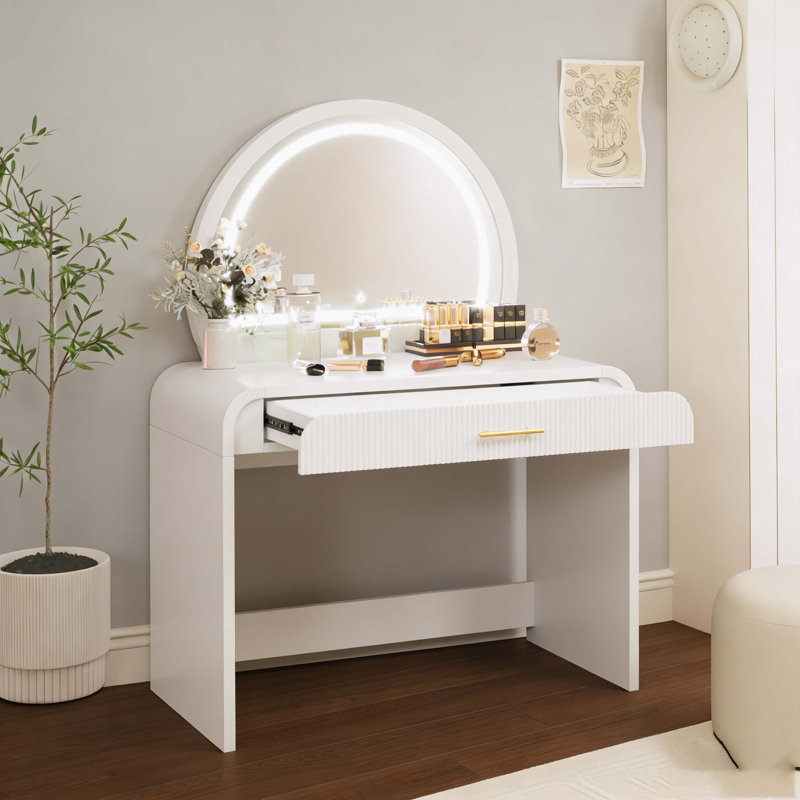 39" Makeup Vanity Table with Mirror Touch Screen Lighted Mirror, Dressing Table with Drawer for Bedroom, White, White