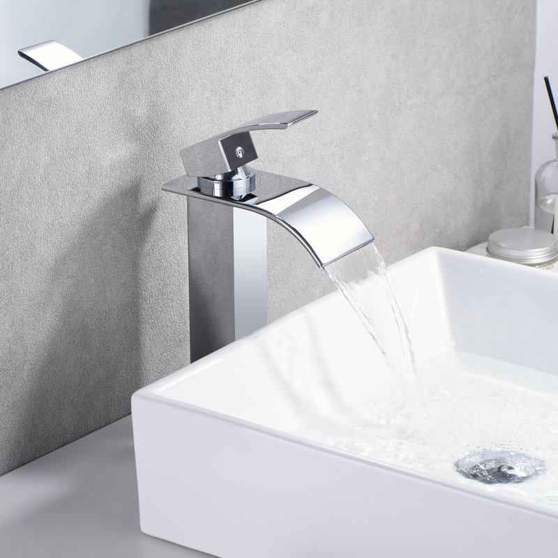 S1218W-XX Deck Mount Single Hole Bathroom Sink Faucet,Modern Single Handle Waterfall Bathroom Faucet by Sumerain, Chrome