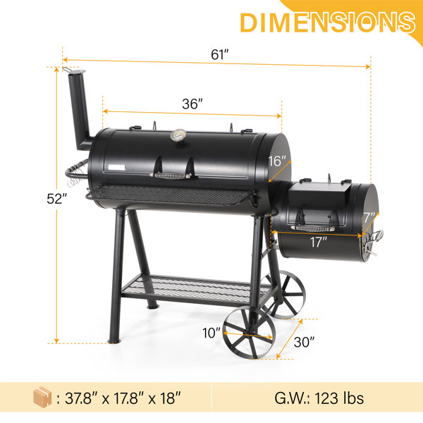 Free-Standing 36” Barrel Charcoal Grill w/ Offset Smoker 941 sq. in for Camping, Backyard Cooking Alphamarts