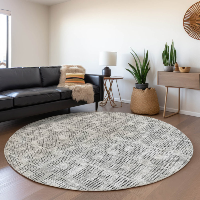 Premium Machine Washable Mayfield AMF33 Geometric Rug, Gray, 8' Round