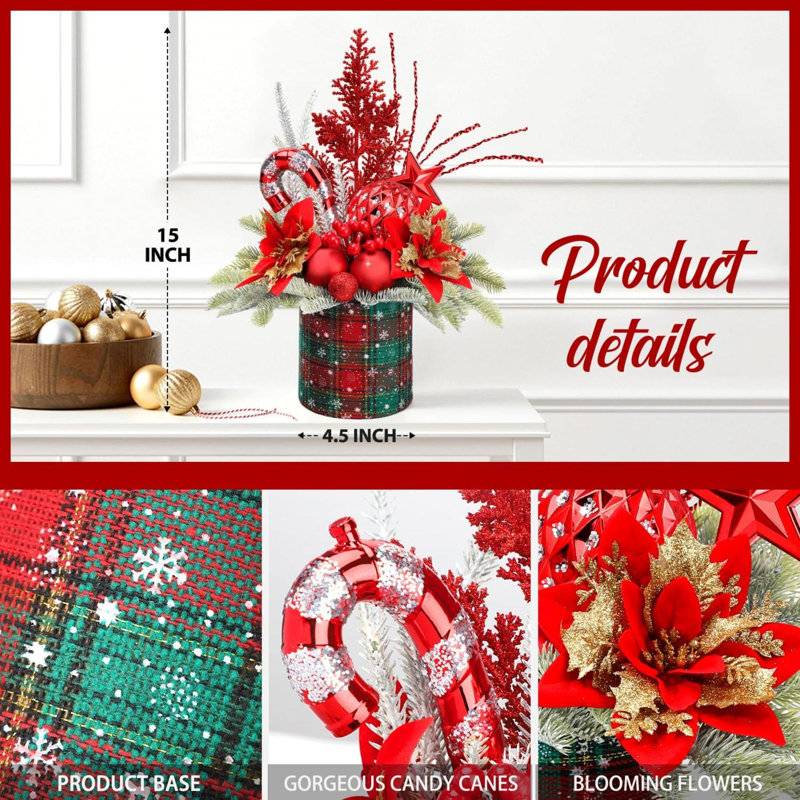 Décoration de Noël pour arbre de Noël avec mini décorations de sapin de table artificielles avec ornements des fêtes, pomme de pin et baies pour la maison