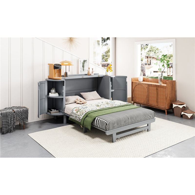 Lit double moderne gris avec rangement caché. Option de matelas pliable dans l'espace. Accent élégant. Compartiments latéraux intégrés. And Scratch- Build. Blanc ou au choix. L 76,4 po x l 108,3 po x H 42 po. Non