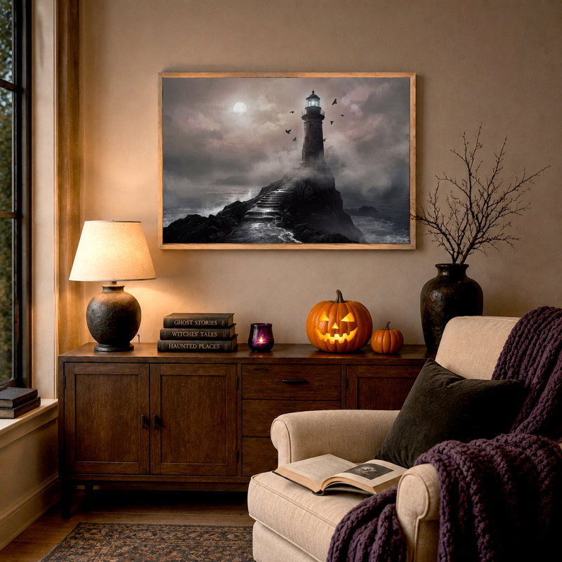 Toile d'Halloween au clair de lune sur un rocher avec des corbeaux, 32"H x 48"W