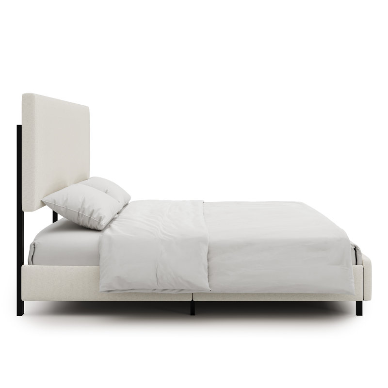 Lit plateforme tapissier avec tête de lit à panneau moderne, Beige, Très grand lit