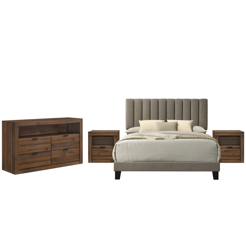 Ensemble de chambre à coucher 4 pièces, Walnut, Ensemble de quatre pièces : lit, deux tables de c, Queen