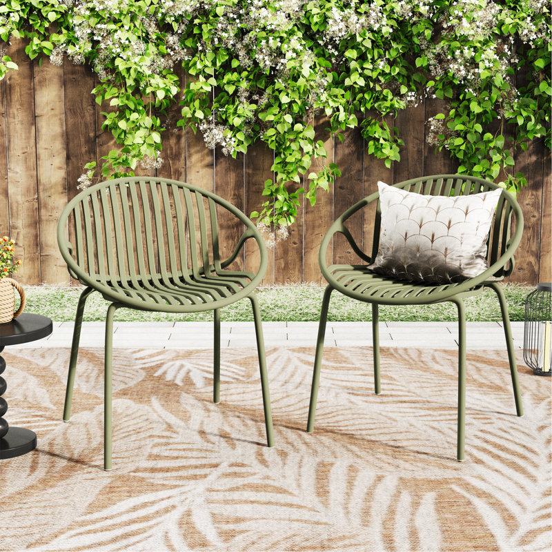 Patio Dining Chairs Stackable Chairs With Breathable Design Modern Simple Art Style (Set Of 2),Metal Legs+Plastic Backrest,Green