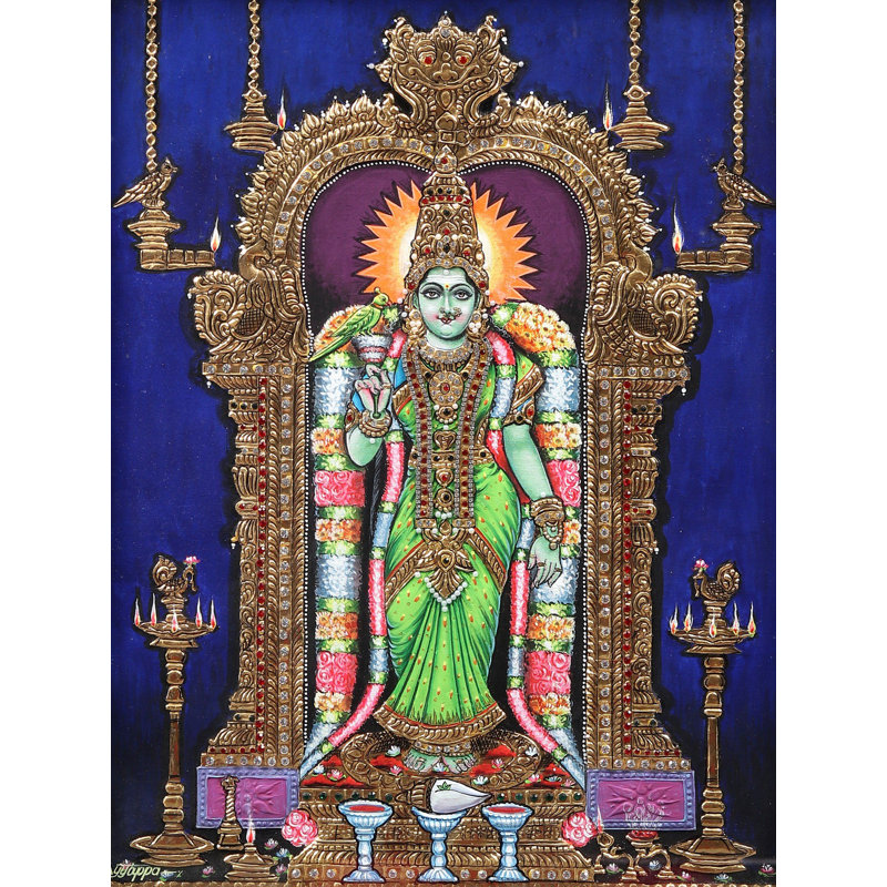 Déesse Meenakshi Tanjore, peinture avec arche de Kirtimukha | Avec cadre