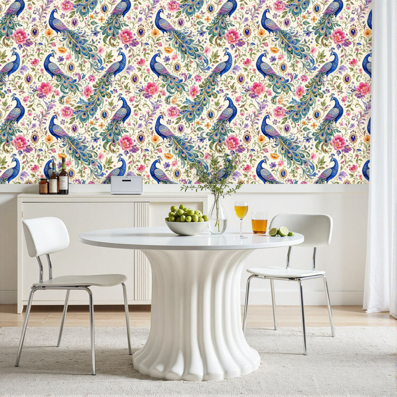 Rouleau de papier peint pelez et collez amovible avec bordure florale plumes de paon colorées 23,6 po x H 118 po