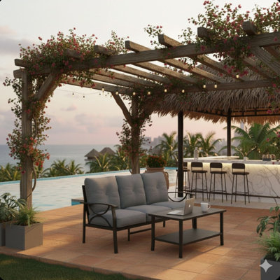 2 Piece Outdoor Patio Set, 70" All-Weather Metal 3-Seat Metal Patio Sofa And Rectangular Coffee Table , Khaki Frame With Cushions