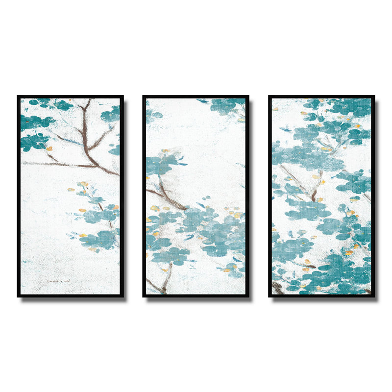 Teal Cherry Blossoms II - ensemble d'art mural sur toile encadré traditionnel de 3, 28" H x 36" W x 1" D, Cadre noir
