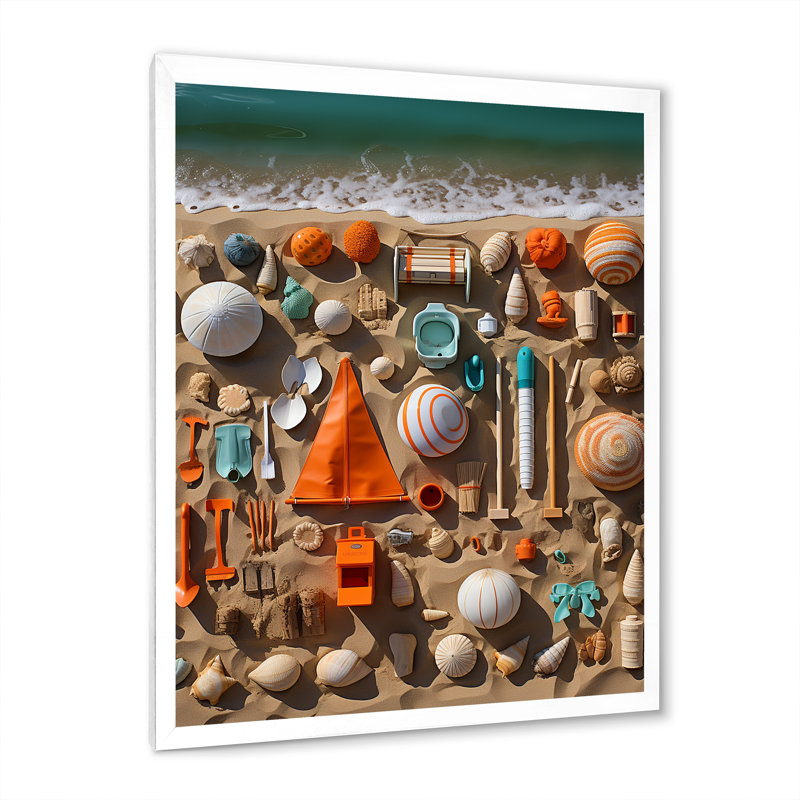 «Beach Jouets Collage I» - reproduction sur toile de plage, H 40 po x l 30 po x P 1,5 po, Cadre photo blanc