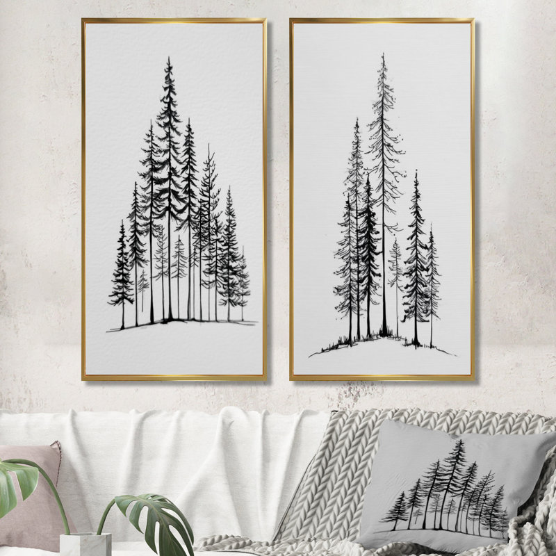 «Pine Tree Forest In Winter Wonderland - Pine», reproduction d'art sur toile 2 pièces, H 40 po x l 40 po, Cadre flottant doré