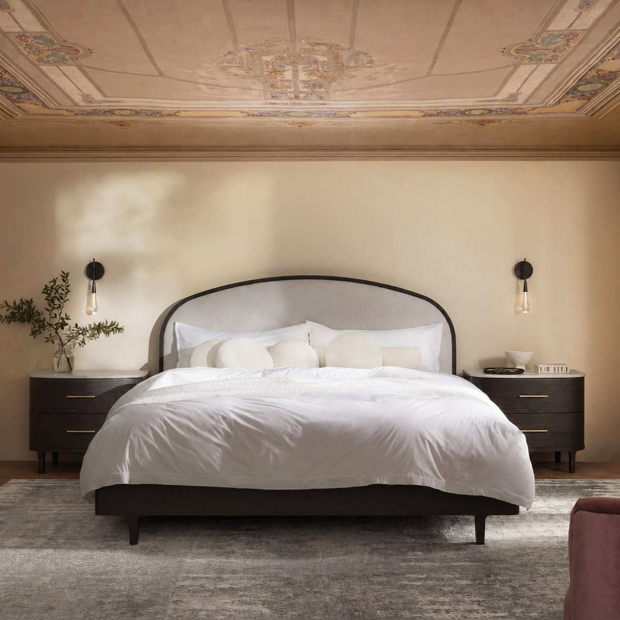 Seabrook Linen Upholstered Oak Bed, Black, Queen