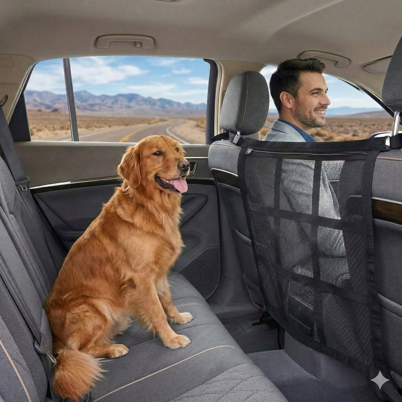 Barrière de véhicule canine avancée modèle 2026, construction en filet à double couche avec accès à fermeture à glissière, s'adapte universellement aux VUS, berline et camions, 23 x 23 pouces, facile à installer et facile à installer
