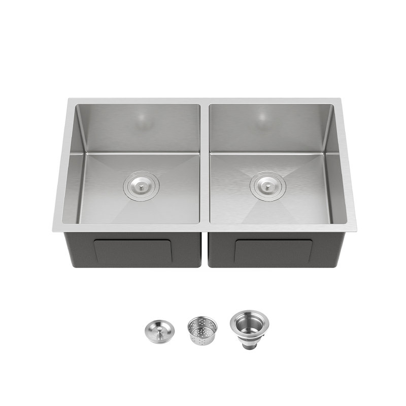 33"X19" Embedded Double Bowl Kitchen Sink, Undermount Handmade Sink In Brushed (Sink Only)