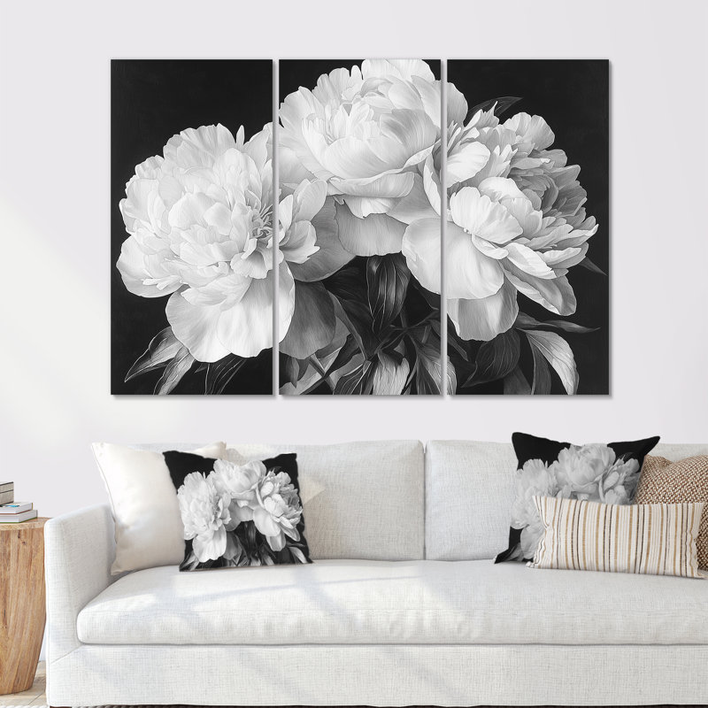 Pivoines en blanc et noir - Décoration murale pivoines - 3 pièces, H 40 po x l 60 po, Toile tendue, Ne s’applique pas