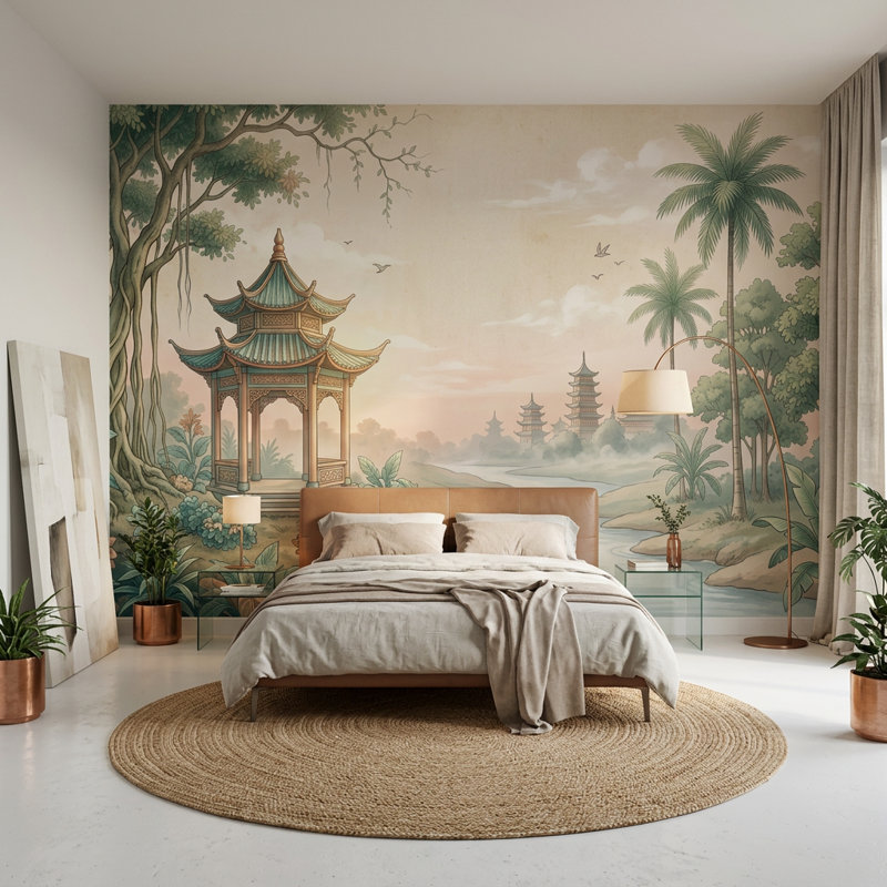 Papier peint amovible paysage asiatique Pavillon de la Pagode, 120 po x 96 po, Non tissé