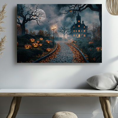 Toile, chemin sinueux en pierre sarcelle avec art mural orange et brun éclatant, feuilles d'automne, méandres vers un grand art mural victorien