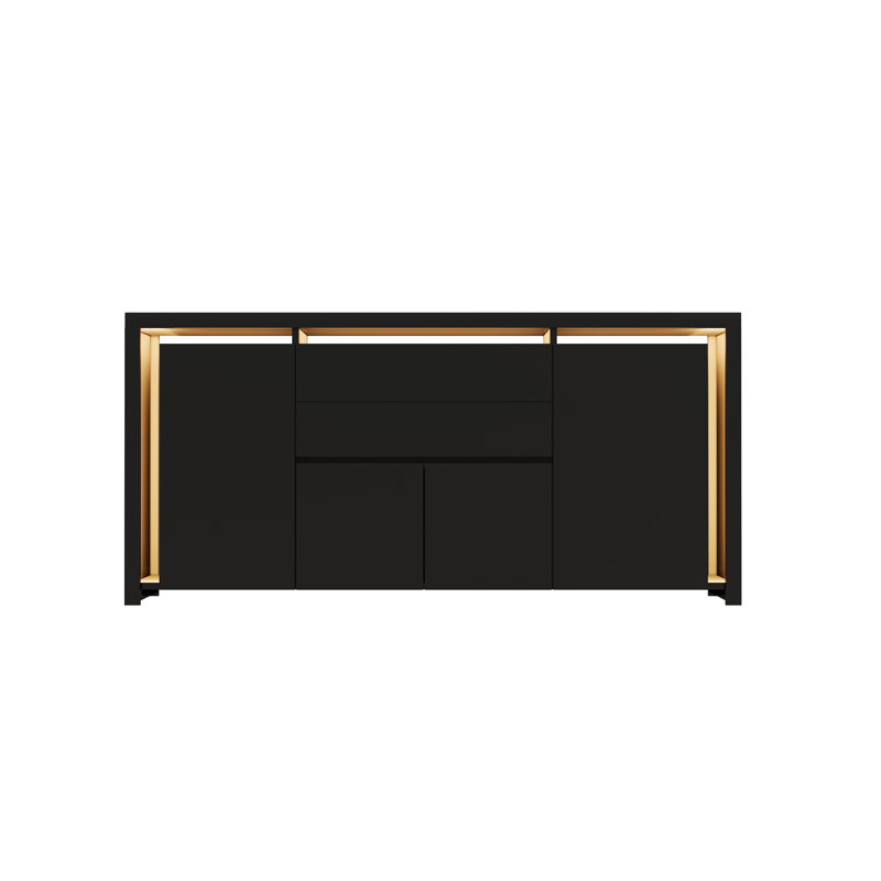160Cm High Gloss Sideboard & TV Stand With LED, 4 Doors & 2 Drawers Storage Cabinet, Push-To-Open Minimalist Unit, Black