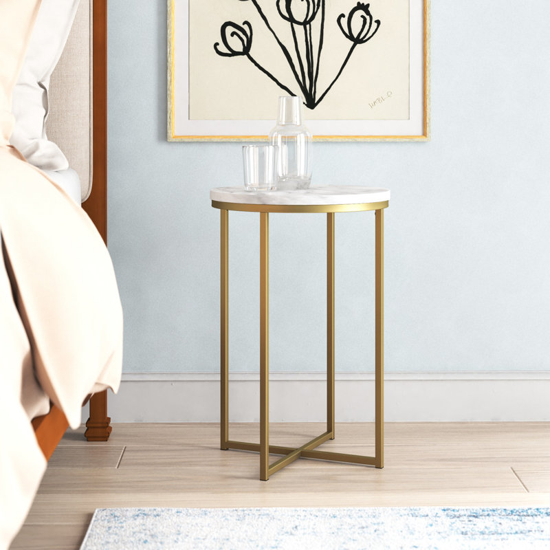 Table de bout avec pieds croisés Wasser, Faux marbre blanc, Or
