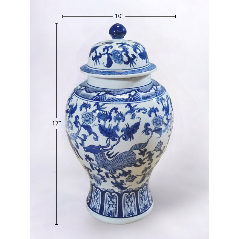 Pot à gingembre en porcelaine 17 po avec cerf chinois, Bleu