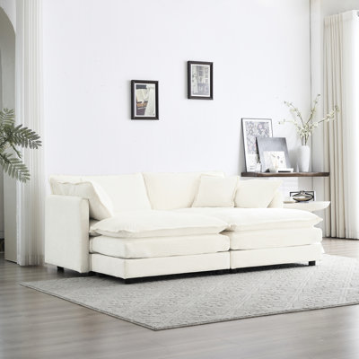 Canapé modulaire rembourré avec 2 places et repose-pieds, chenille blanche, bois robuste, éponge douce, base modulaire en chenille confortable